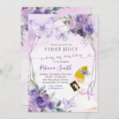 Paarse Bloemen Knielen Meisje Eerste Heilige Commu Kaart (Voorkant / Achterkant)