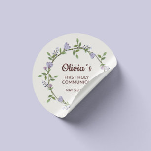 Paarse bloemen Krans Eerste Communie Ronde Sticker