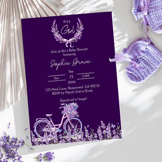 Paarse Bloemen Lavendel Fiets Baby shower Kaart