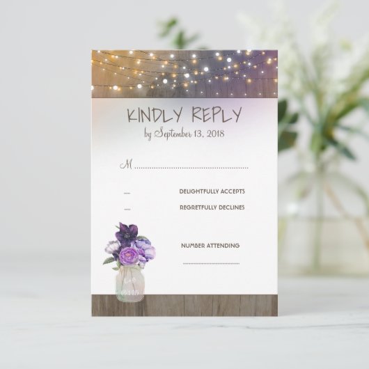 Paarse Bloemen Mason Jar Bruiloft RSVP (Staand voorkant)