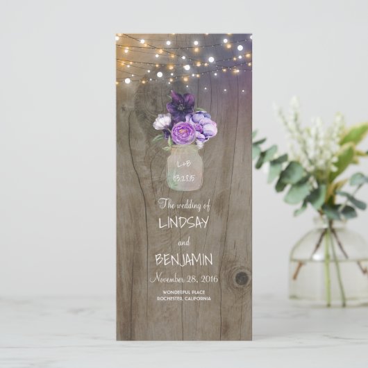 Paarse Bloemen Mason Jar Rustieke Trouwprogramma's Programma (Staand voorkant)