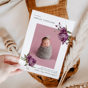 Paarse Bloemen Meisje Baby Foto Geboorte Aankondig Aankondiging