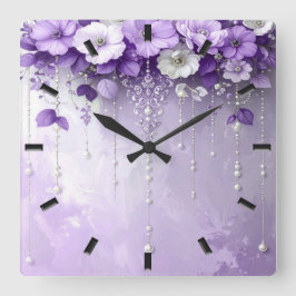 Paarse Bloemen met Afhangende Parels Wandklok Vierkante Klok