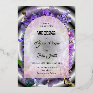 Paarse bloemen met complexe achtergrond / minimali folie uitnodiging