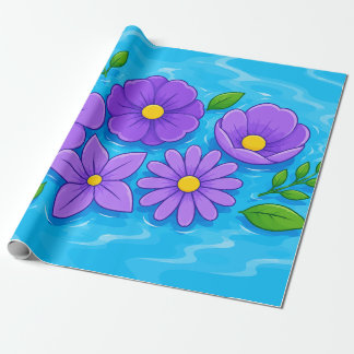 Paarse bloemen met groene bladeren op blauwe water cadeaupapier