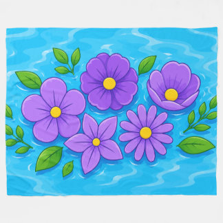 Paarse bloemen met groene bladeren op blauwe water fleece deken