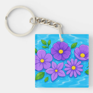 Paarse bloemen met groene bladeren op blauwe water sleutelhanger