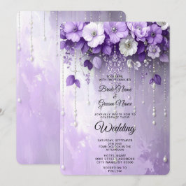 Paarse Bloemen met Hangende Parels Bruiloft Kaart