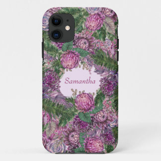 Paarse bloemen met naam iPhone 11 hoesje