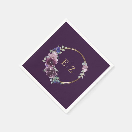 Paarse Bloemen Monogram Boho Goud Lijst Bruiloft Servet (Hoek)