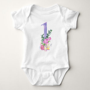 Paarse bloemen nummer één verjaardagsfeestje romper