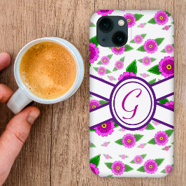 Paarse bloemen op maat monogram iPhone 13 hoesje