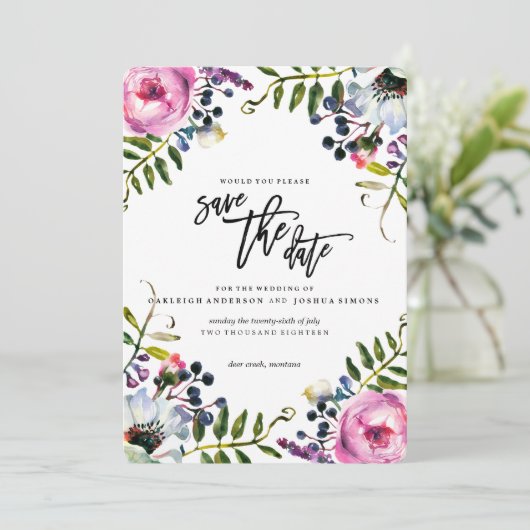 paarse bloemen opslaan van de datum save the date (Staand voorkant)