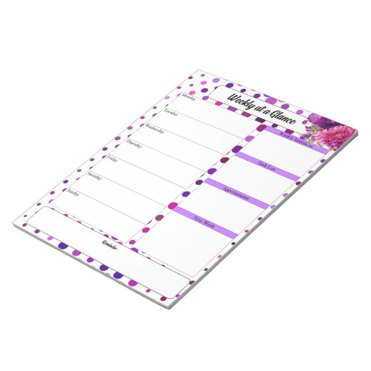 Paarse Bloemen Polka Dots_ Week in een oogopslag Notitieblok (Schuin)
