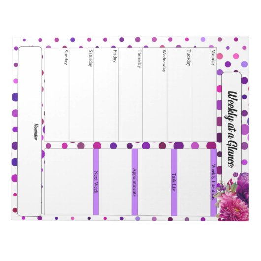 Paarse Bloemen Polka Dots_ Week in een oogopslag Notitieblok (Voorkant)