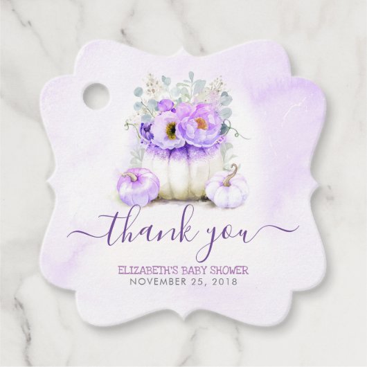Paarse Bloemen Pompoenen Baby shower Dank u Bedankjes Labels (Voorkant)