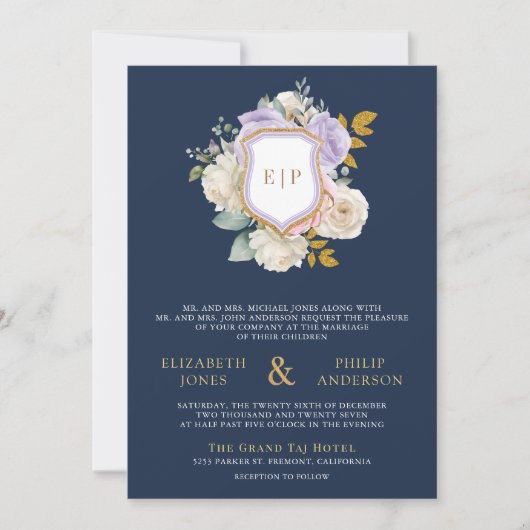 Paarse Bloemen QR Code Crest Navy Blue Wedding Kaart (Voorkant)