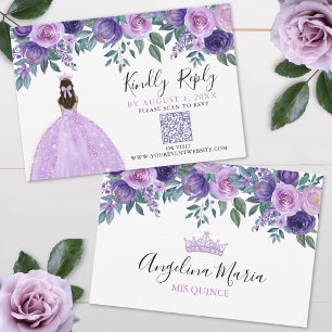 Paarse Bloemen Quinceanera QR Code RSVP Kaartje