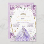 Paarse Bloemen Quinceañera Uitnodiging in het Spaa (Voorkant / Achterkant)