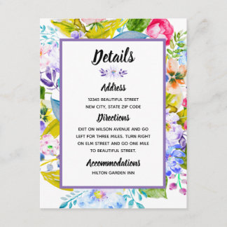 Paarse Bloemen Romantische bruiloft Details Informatiekaartje