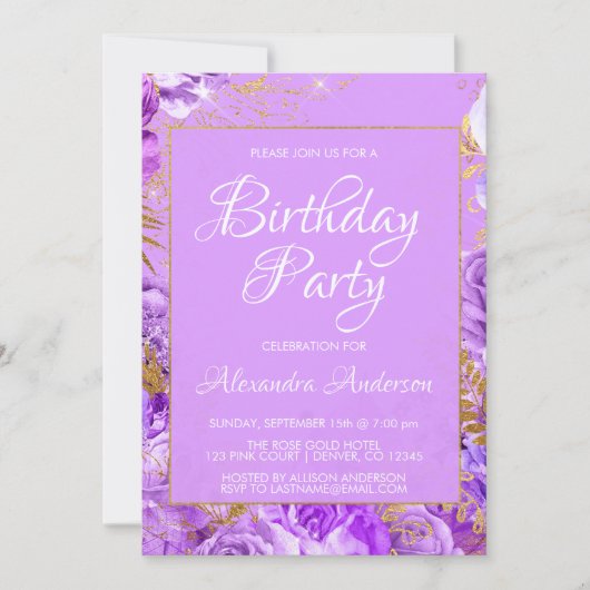 Paarse Bloemen Rozen Monogram Verjaardagsfeest Kaart (Voorkant)