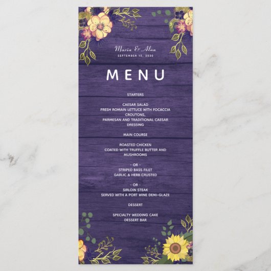 Paarse bloemen rustieke bruiloft menu (Voorkant)