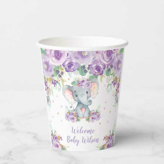 Paarse Bloemen Schattige Olifant Baby shower Papieren Bekers (Achterkant)