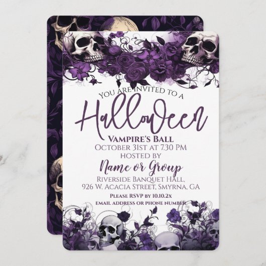 Paarse Bloemen Schedel Halloween Party Kaart (Voorkant / Achterkant)