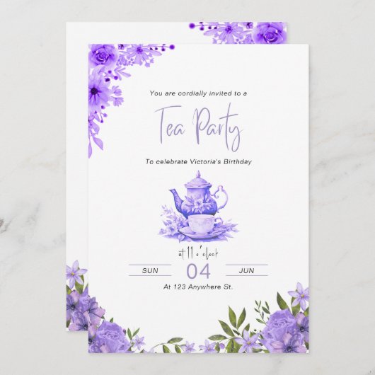 Paarse Bloemen Tea Party Verjaardagsuitnodiging Kaart (Voorkant / Achterkant)