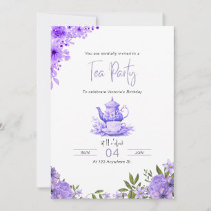 Paarse Bloemen Tea Party Verjaardagsuitnodiging Kaart