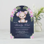 Paarse Bloemen Teddy Bear Arch Navy Baby shower Kaart (Staand voorkant)