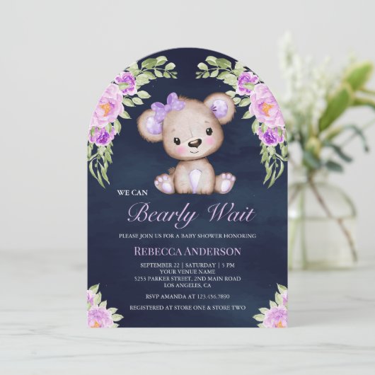 Paarse Bloemen Teddy Bear Arch Navy Baby shower Kaart (Staand voorkant)