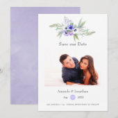 Paarse bloemen trouwfoto save the date (Voorkant / Achterkant)