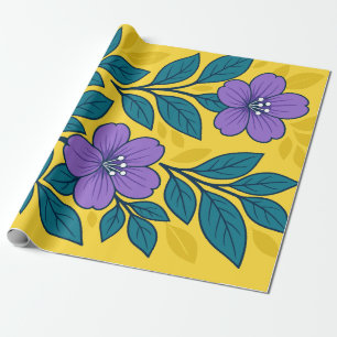 Paarse Bloemen & Turquoise Bladeren op Gele Achter Cadeaupapier