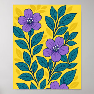 Paarse Bloemen & Turquoise Bladeren op Gele Achter Poster