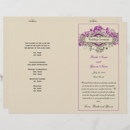 Paarse Bloemen Vintage Trouwprogramma (Voorkant / Achterkant)
