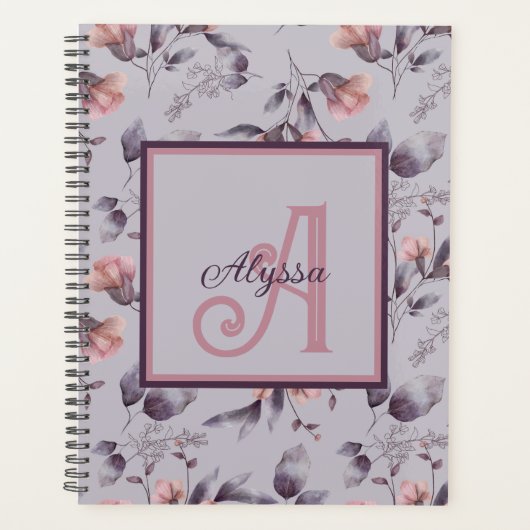 Paarse Bloemen Vrouwelijke Monogrammed Initiaal &  Planner (Voorkant)