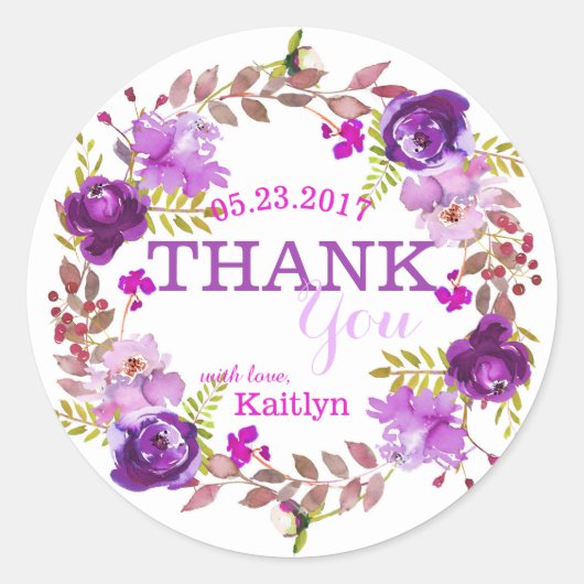 Paarse bloemen Waterverf bloemenkrans dank u Ronde Sticker (Voorkant)