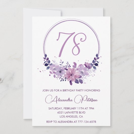 Paarse Bloemen Waterverf Elegant 78ste verjaardag Kaart (Voorkant)
