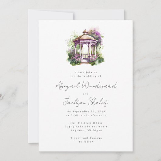 Paarse Bloemen Waterverf Gazebo bruiloft uitnodigi Kaart (Voorkant)