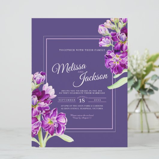 Paarse bloemen waterverf kunst bruiloft kaart (Staand voorkant)