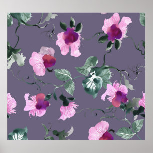 Paarse bloemen: waterverf naadloos patroon. poster