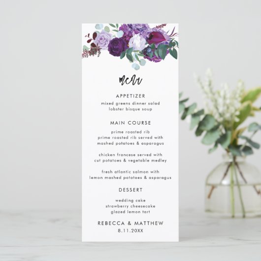 Paarse Bloemen Waterverf Script Bruiloft Diner Menu (Staand voorkant)