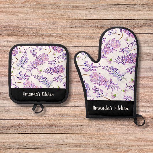 Paarse Bloemen Waterverf Script gepersonaliseerd Ovenwant & Pannenlap Set