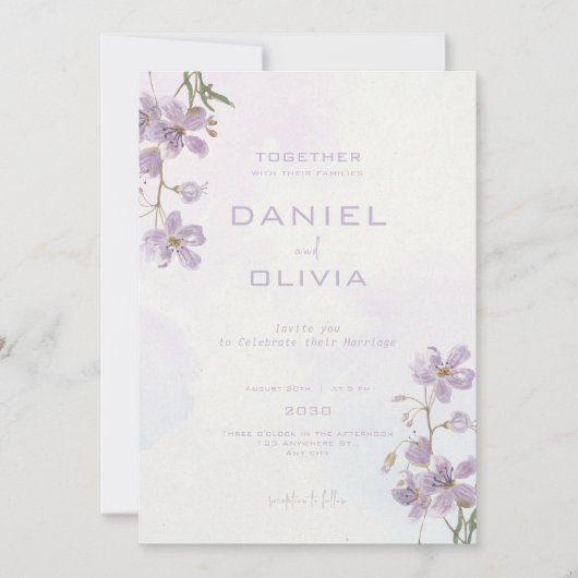 Paarse Bloemen Waterverf Stijl bruiloft Kaart (Voorkant)