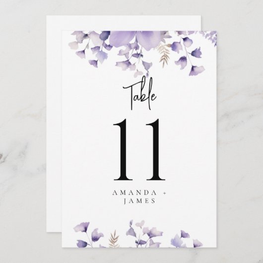 Paarse Bloemen Waterverf Trouwtafel Nummers (Voorkant / Achterkant)