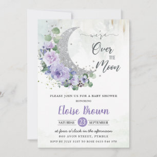 Paarse Bloemen We're Over the Moon Girl Baby showe Kaart