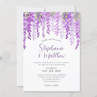 Paarse Bloemen Wisteria Waterverf Bruiloft Kaart