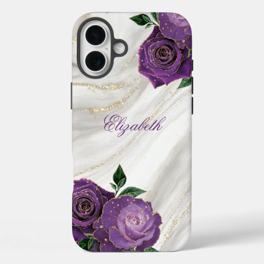 Paarse bloemen wit marmer Case-Mate iPhone case (Achterkant)