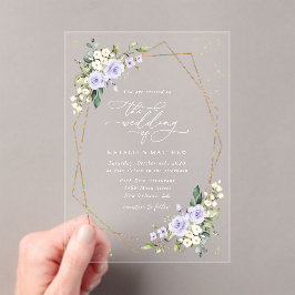 Paarse bloemen, witte bloemen, boho, bruiloft acryl uitnodigingen
